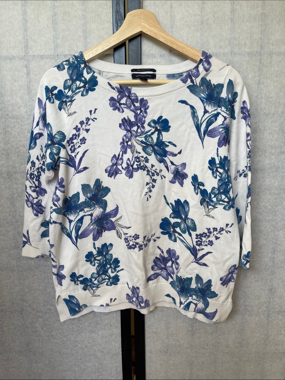 Lands' End White Pullover Sweatshirt with Blue & Purple Floral Design